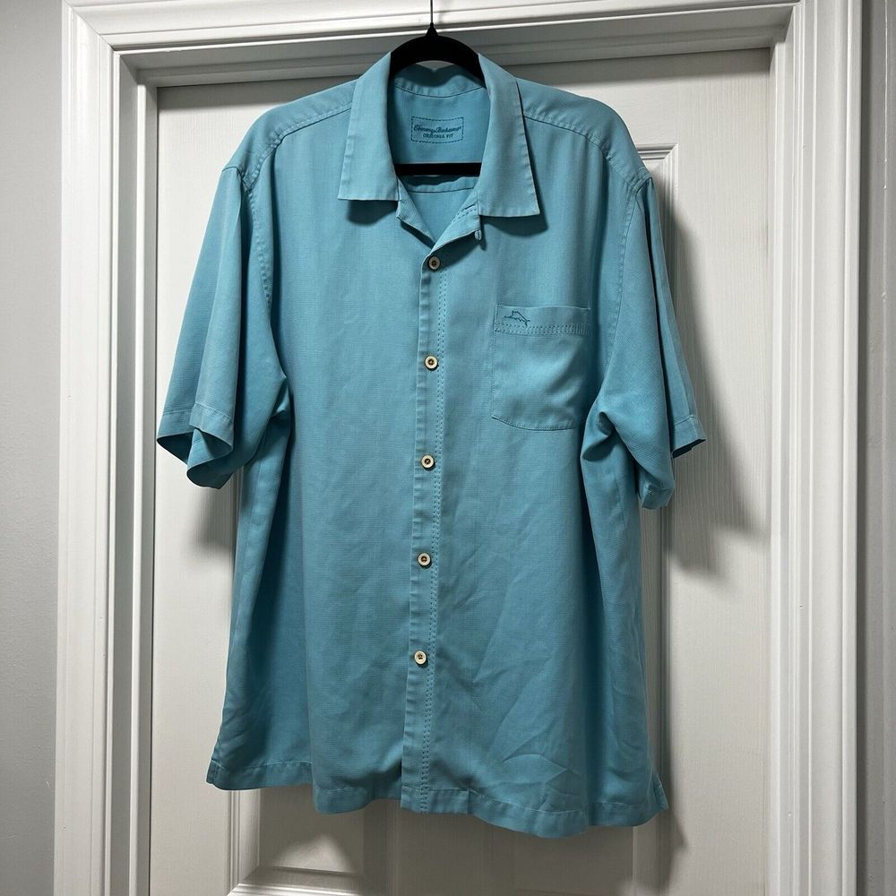 Tommy Bahama short sleeve button down turquoise men's XL silk blend lightweight‎